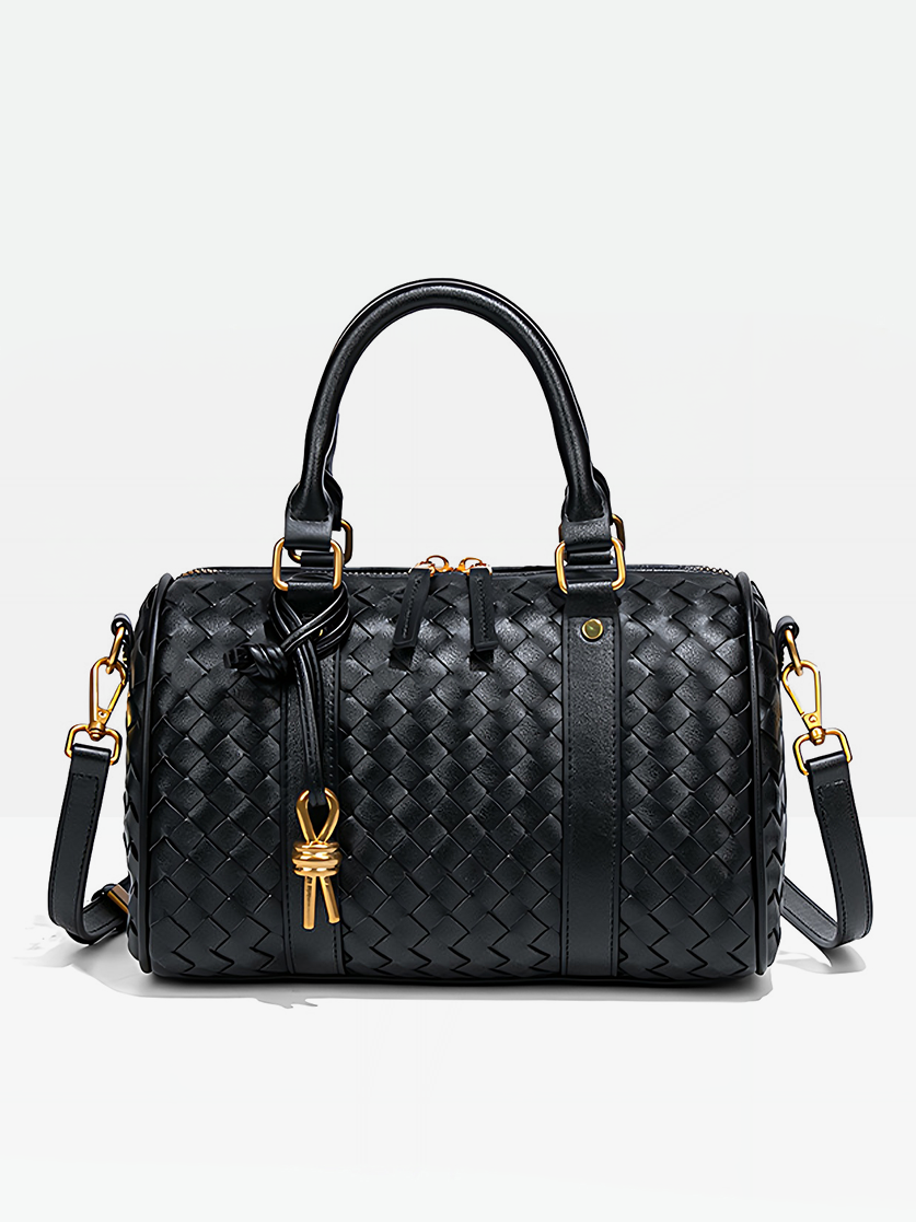 Black-Verona Woven Barrel Bag